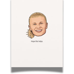 May include: A white greeting card featuring a centered, stylized cartoon illustration of a person with blonde hair tied back in a ponytail. Below the illustration, the text "Hope this helps." is printed in a simple, black, sans-serif font.