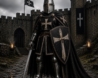 Zestaw zbroi średniowiecznego rycerza krzyżowca z czarną peleryną – pełny kostium templariusza, stalowy hełm, zbroja do rekonstrukcji LARP cosplay