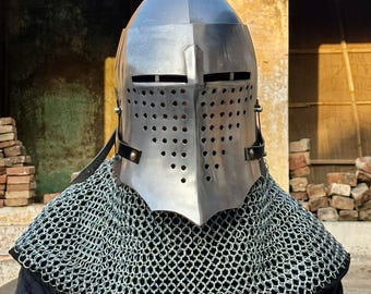 Crusader Great Helm with Chainmail Aventail – Medieval Knight Helmet – Handmade Steel Armor for LARP & Cosplay