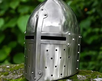 Medieval Crusader Helmet, Polished Steel Costume Headgear