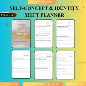 Könnte beinhalten: Ein digitaler Selbstkonzept- und Identitäts-Shift-Planer mit gelb-orangefarbenem Farbverlauf. Der Planer enthält Seiten für Manifestation, zukünftiges Selbst und aktuelles Identitätsbewusstsein. Der Text enthält "Sofort-Download" und "Premium".