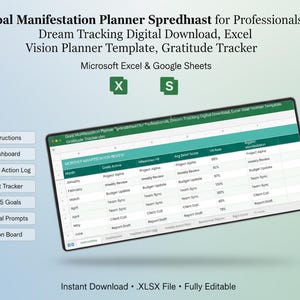 Könnte beinhalten: Ein digitaler Zielmanifestationsplaner, der auf einem Tablet angezeigt wird. Der Bildschirm zeigt eine Tabelle mit Spalten für Ziele, Meilensteine und Fortschrittsverfolgung. Der Text enthält "Goal Manifestation Planner" und "Instant Download."