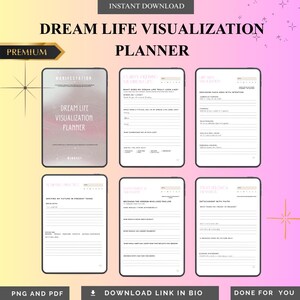 Puede incluir: Un planificador digital de visualización de la vida de ensueño con un fondo degradado rosa y morado. El planificador incluye secciones para la manifestación, la claridad y la autorreflexión. El texto incluye "Dream Life Visualization Planner".