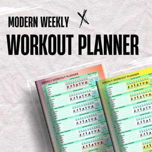 May include: A modern weekly workout planner with the text "MODERN WEEKLY WORKOUT PLANNER" at the top. The planner has sections for meal tracking, water intake, and body weight. The planner is in a clear plastic sleeve.
