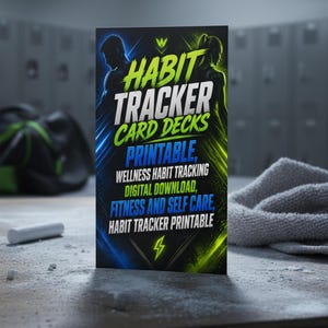 May include: A vertical rectangular card featuring the text HABIT TRACKER CARD DECKS PRINTABLE, WELLNESS HABIT TRACKING DIGITAL DOWNLOAD, FITNESS AND SELF CARE, HABIT TRACKER PRINTABLE with blue and green neon lighting effects and silhouettes.