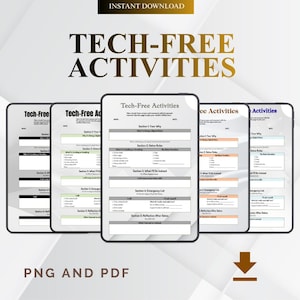Op de afbeelding: Digitaal detox planner met de titel "Tech-Free Activities". De afbeelding toont verschillende digitale plannerpagina's met invulbare secties. De tekst "PNG en PDF" staat onderaan, wat de bestandsformaten aangeeft. De tekst "Instant Download" is ook aanwezig.