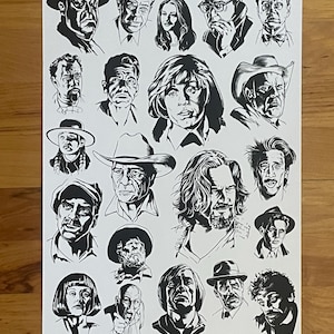 Könnte beinhalten: Schwarzweißillustration von 20 Porträts von Schauspielern und Regisseuren aus der Filmographie der Coen-Brüder. Der Titel "COEN NOIR" befindet sich am unteren Rand des Bildes.