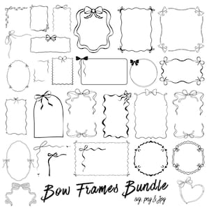 May include: A collection of black and white bow frames in various shapes and sizes. The frames include rectangular, oval, and heart shapes, all adorned with delicate bow details. The text "Bow Frames Bundle" is written in a handwritten style.
