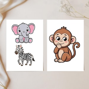 May include: Two white cards with cartoon animal illustrations. One card features a gray elephant with pink ears, and a zebra with black and white stripes. The other card has a brown monkey with a thoughtful expression.
