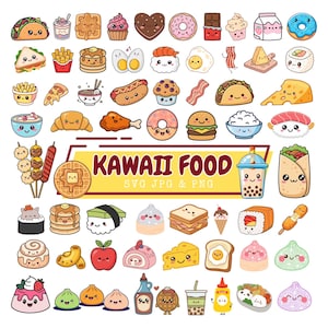 Könnte beinhalten: Eine Sammlung bunter, cartoonartiger Lebensmittelillustrationen mit lächelnden Gesichtern, darunter Tacos, Donuts, Sushi, Burger und Waffeln. Ein zentrales gelbes Banner zeigt den Text KAWAII FOOD SVG JPG & PNG in dunkelroten Buchstaben.