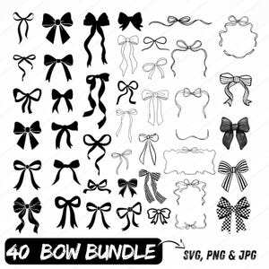 May include: A collection of 40 bow designs in black and white, including various styles such as classic bows, ribbon bows, and decorative bow frames. The image includes the text "40 BOW BUNDLE" and file type information.