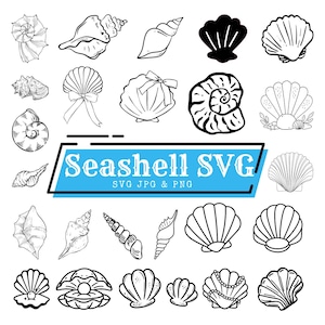 May include: A collection of seashell designs in black and white, including various shapes and sizes. The image features the text "Seashell SVG" in a blue rectangle, with "SVG JPG & PNG" below.