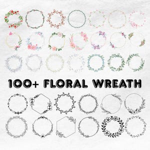 Puede incluir: Una colección de diseños de coronas florales en varios estilos y colores, incluyendo coronas con bayas rojas, flores rosas y hojas verdes. El texto "100+ Floral Wreath" se muestra debajo.