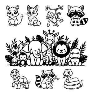 May include: Black and white cartoon illustrations of various animals, including a squirrel, fox, monkey, raccoon, zebra, elephant, giraffe, lion, hippo, turtle, and snake. The animals are arranged in a playful, decorative style.