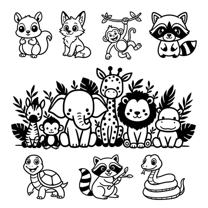 May include: Black and white cartoon illustrations of various animals, including a squirrel, fox, monkey, raccoon, zebra, elephant, giraffe, lion, hippo, turtle, and snake. The animals are arranged in a playful, decorative style.