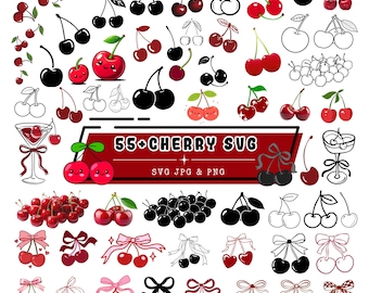 Cherry SVG Bundle with Bows, Cherry Clipart PNG, Fruit Designs, Cherry Silhouette, Cherry Vector, Cricut Cut File, Sublimation Cherry Me