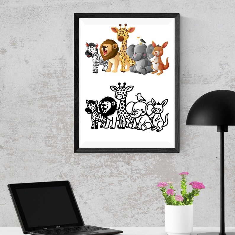 May include: Framed art print featuring two illustrations of cartoon animals. The top image shows a zebra, lion, giraffe, elephant, and kangaroo in color. The bottom image is a black and white outline of the same animals.