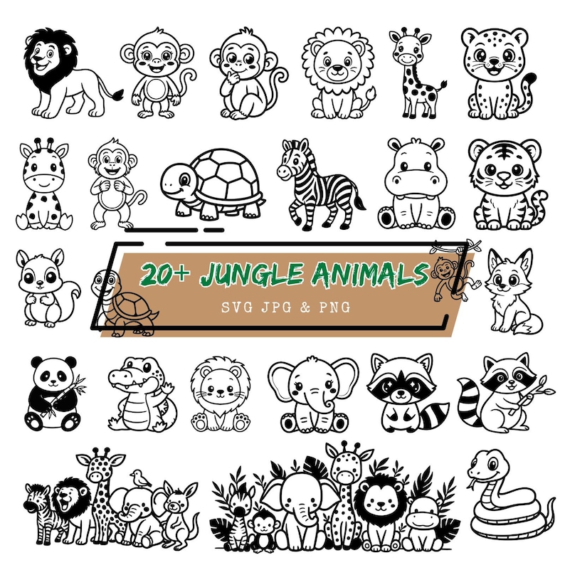 May include: Black and white illustrations of various jungle animals, including a lion, monkey, giraffe, zebra, and tiger. The image also includes the text "20+ JUNGLE ANIMALS SVG JPG & PNG".