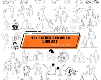 Father And Child Line Art SVG Bundle, Dad Love Clipart, Father's Day Svg, Dad Clipart, Dad Decal Template, Dad and Princess Silhouette