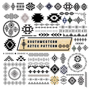 May include: A collection of black and white geometric shapes and linear borders featuring various diamond, triangle, and chevron motifs. A central tan rectangular label displays the text SOUTHWESTERN AZTEC PATTERN SVG JPG & PNG.