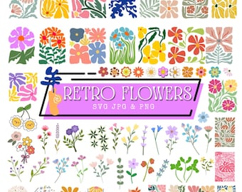 Retro Flowers Svg, Flower Clipart, Daisy Flower Cut File,Boho Flower Svg,Flower Svg Bundle,Floral Png, Svg Files For Cricut,Instant Download