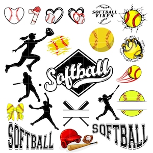 以下が含まれることがあります： ソフトボールをテーマにしたグラフィックのコレクション。選手のシルエット、ソフトボール、バット、さまざまなフォントの「Softball」の文字が含まれています。カラーパレットは、スポーツ関連のデザインに適した黄色、赤、黒、白です。