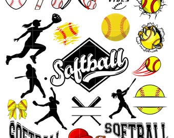 Softball Player Bundle with Text and Softballs Clipart SVG Design for Cricuts and Silhouettes