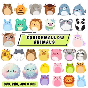 May include: A collection of colorful, rounded animal illustrations featuring a bear, bee, elephant, cow, shark, panda, unicorn, giraffe, pig, koala, sloth, chick, cat, frog, and tiger, with the text SQUISHMALLOW ANIMALS and SVG, PNG, JPG & PDF.