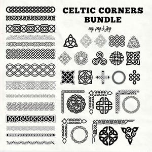 May include: A collection of black and white Celtic knot designs, borders, and corners. The image includes various intricate patterns, including triskeles, crosses, and corner elements, with the text "Celtic Corners Bundle" at the top.