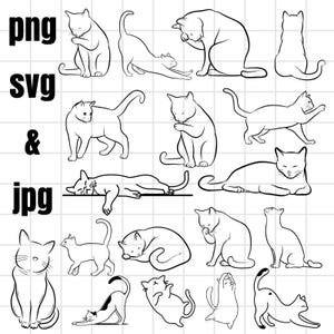 以下が含まれることがあります： 様々なポーズの白黒の猫のイラストのコレクション。座ったり、伸びをしたり、グルーミングをしたりしています。画像には「png」、「svg」、「&」、「jpg」の文字が含まれています。