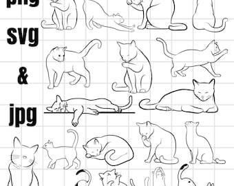 Cute Cat\ Elegant Cat Line Art\ Direct Downloads in Black & White SVG\ PNG\ jpg\ Digital Download