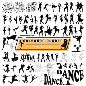 Puede incluir: Una colección digital de más de 60 siluetas negras de personas bailando en varias poses, incluyendo ballet, hip-hop y estilos de salón. El gráfico central rectangular naranja presenta el texto 60+ DANCE BUNDLE SVG JPG & PNG.
