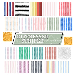 May include: A collection of distressed striped patterns in various colors, including red, blue, pink, green, and black. The image also features the text "DISTRESSED STRIPED SVG JPG & PNG".