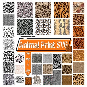 May include: A collection of various animal print patterns, including zebra stripes, leopard spots, and tiger stripes. The image features a variety of colors and textures, with the text "Animal Print SVG" in an orange banner.