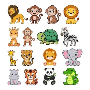 May include: A collection of colorful cartoon animal illustrations, including a lion, monkeys, giraffe, zebra, turtle, leopard, elephant, hippo, tiger, panda, and alligator. Each animal is depicted in a cute, friendly style, perfect for children's designs.