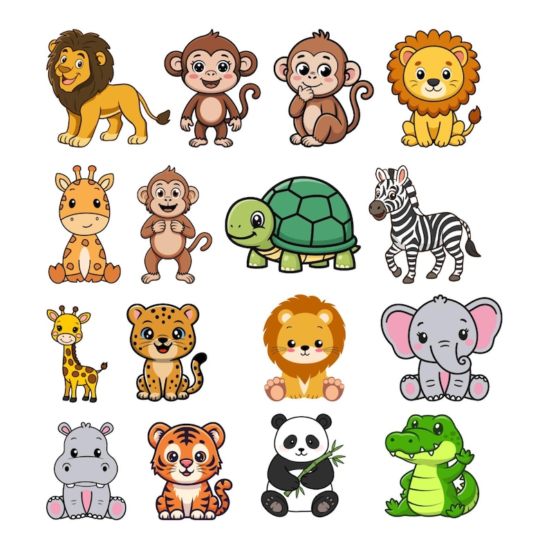 May include: A collection of colorful cartoon animal illustrations, including a lion, monkeys, giraffe, zebra, turtle, leopard, elephant, hippo, tiger, panda, and alligator. Each animal is depicted in a cute, friendly style, perfect for children's designs.