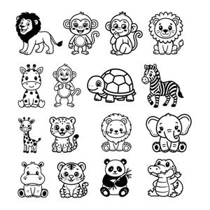 May include: Black and white line art illustrations of various safari animals, including a lion, monkeys, giraffe, zebra, elephant, and panda. Each animal is depicted in a cute, cartoon style, suitable for children's designs.