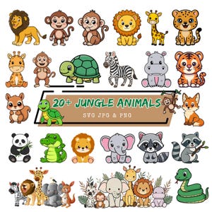 May include: A collection of 20+ cartoon jungle animals, including lions, monkeys, giraffes, and elephants. The illustrations are in a colorful, playful style, with a variety of animals in different poses. Text reads "20+ JUNGLE ANIMALS SVG JPG & PNG".