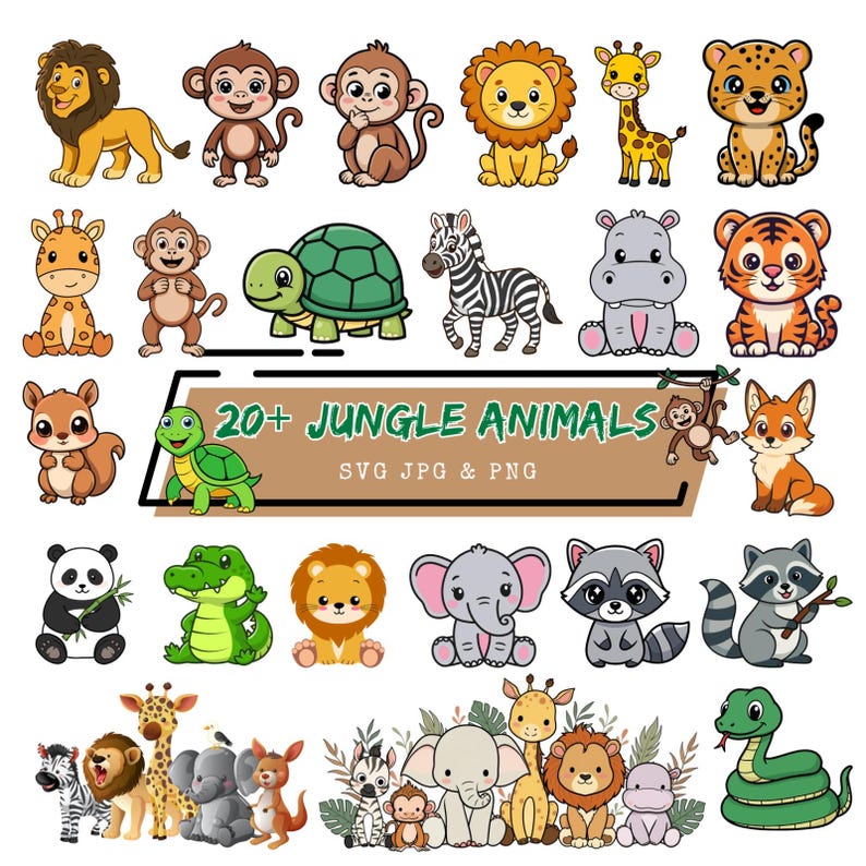 May include: A collection of 20+ cartoon jungle animals, including lions, monkeys, giraffes, and elephants. The illustrations are in a colorful, playful style, with a variety of animals in different poses. Text reads "20+ JUNGLE ANIMALS SVG JPG & PNG".