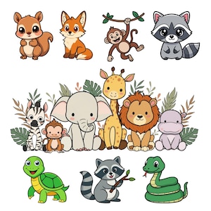 May include: A collection of cartoon animal illustrations, including a squirrel, fox, monkey, raccoon, zebra, elephant, giraffe, lion, hippo, turtle, and snake. The animals are in various poses, with a white background.