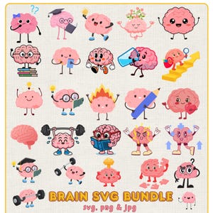 May include: A set of pink brain illustrations with different expressions and accessories, including books, pencils, and mortarboards. The text "BRAIN SVG BUNDLE" is at the bottom, with "svg. png & jpg" below it.