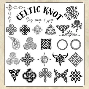 May include: A selection of black Celtic knot designs in diverse shapes, such as crosses, spirals, and geometric patterns. The text "Celtic Knot" is displayed above the designs, along with "Svg png & jpg". The designs are set against a cream-coloured background.