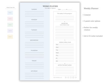 May include: A weekly planner with a light blue background and white text. The planner includes sections for each day of the week, priorities, and a meal plan. The text includes "Weekly Planner" and "Your week at a glance."