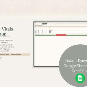 May include: A digital product titled "Daily Vitals Monitor" with text including "Track BP, glucose, O2 & more." The image shows a spreadsheet interface and a green circular graphic with the text "Instant Download Google Sheets Doc Excel Doc."