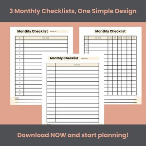 Monthly Task Bundle PDF 3Page Minimalist Home Management Checklist Set