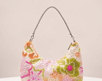 Bolso de hombro bordado con lentejuelas y cuentas florales, bolso baguette estilo boho vintage, bolso de mano para bodas, fiestas y bailes de graduación, regalo único para ella.