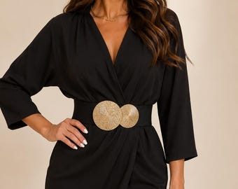 Wide Elastic Waist Belt Women, Double Gold Buckle Belt, Stretch Cinch Belt for Dress and Coat, Black Leopard Brown, Christmas Gift