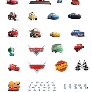 May include: A collection of Cars movie character stickers featuring Lightning McQueen, Mater, and other characters. The stickers are printed on a white background and are perfect for decorating a child's room or adding a touch of fun to any project.