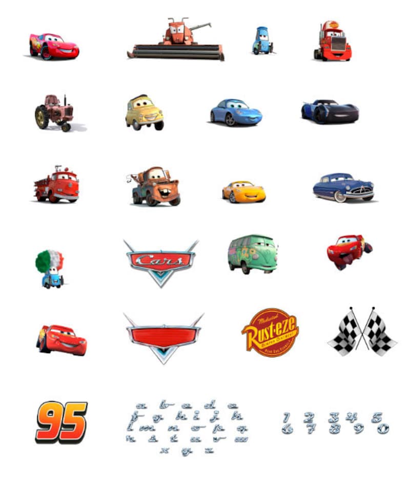 May include: A collection of Cars movie character stickers featuring Lightning McQueen, Mater, and other characters. The stickers are printed on a white background and are perfect for decorating a child's room or adding a touch of fun to any project.