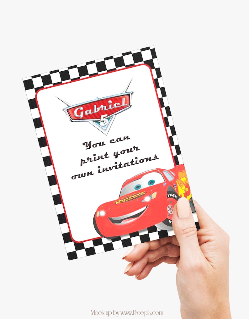 May include: A red and white printable invitation card with a black and white checkered border. The card features a cartoon image of Lightning McQueen from the Disney Pixar movie Cars. The text on the card reads "Gabriel 5 You can print your own invitations".